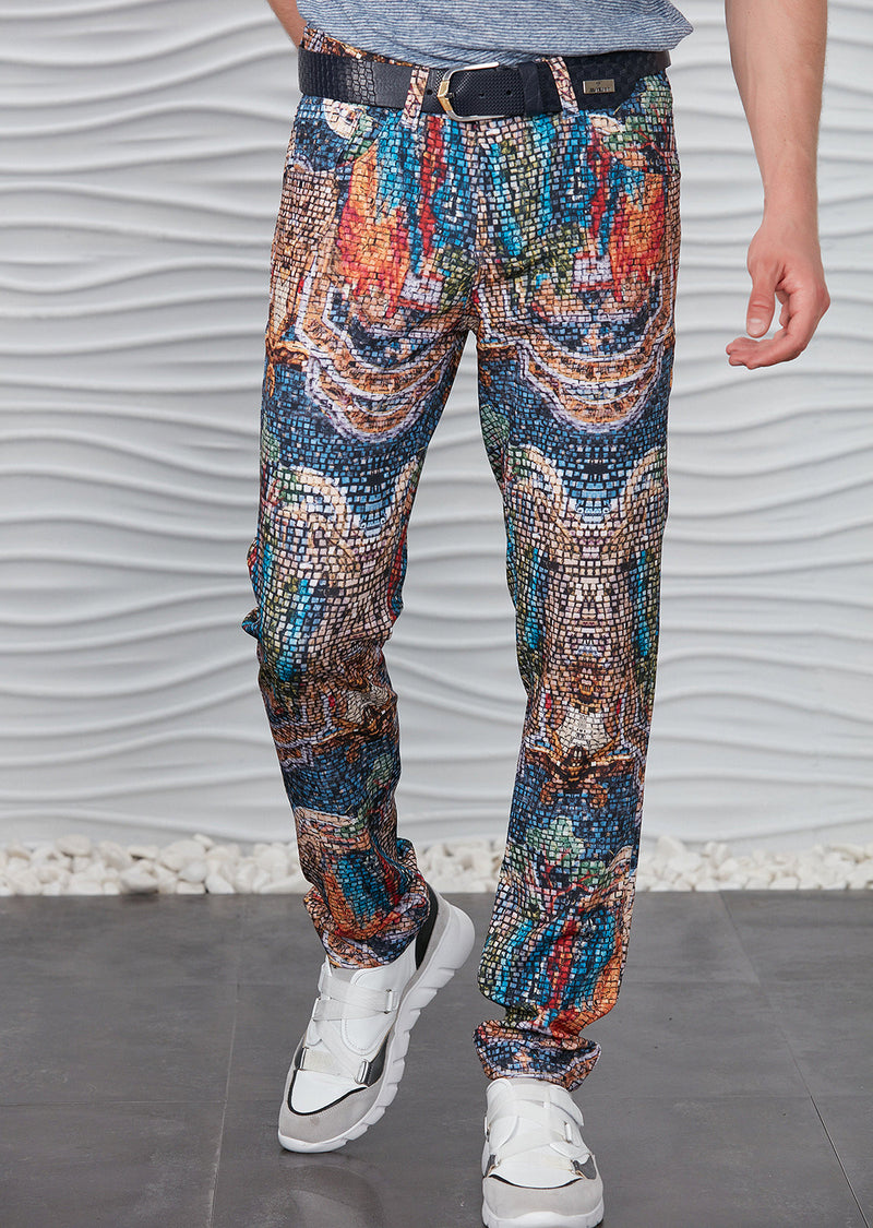 Blue Brown Mosaic Print Pants