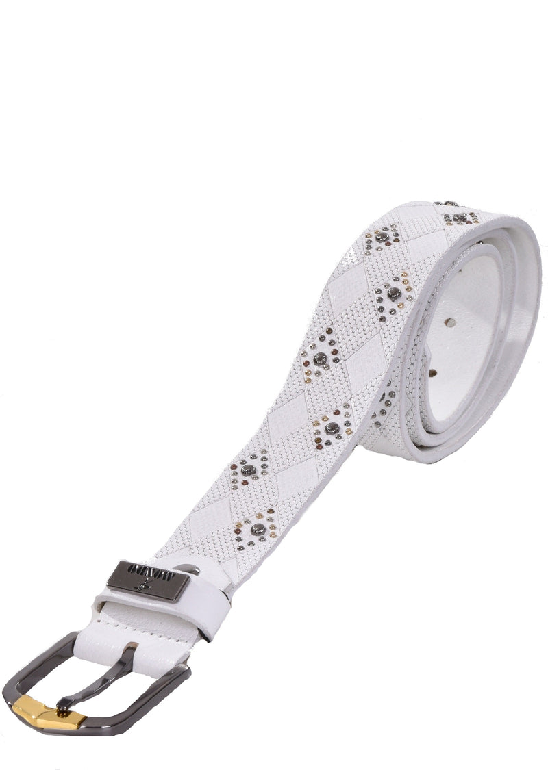White Diamond Embossed Studded Belt 32 / White / Leather