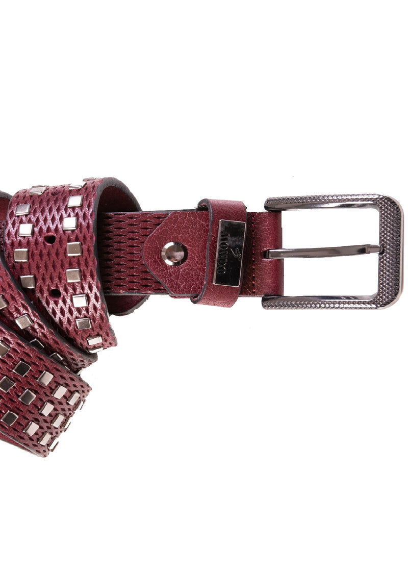 Burgundy Square Studded Perforated Leather Belt