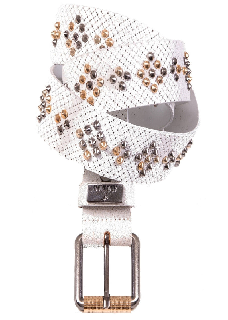 White Studded Perforated Leather Belt