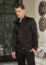 Black Zipper Mandarin Collar Blazer