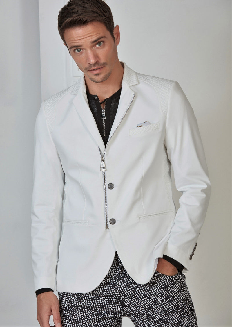 White Quilted Zipper Blazer