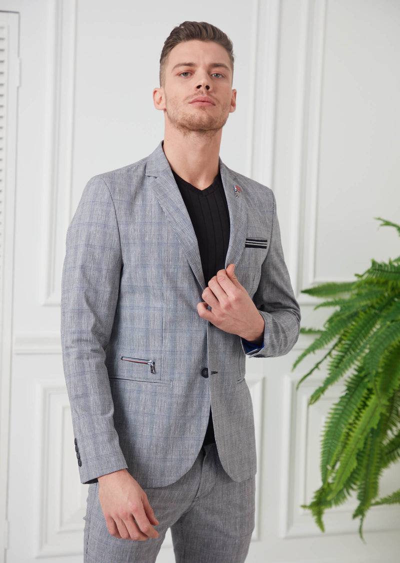 Gray Plaid Casual 2-Pieces Suit