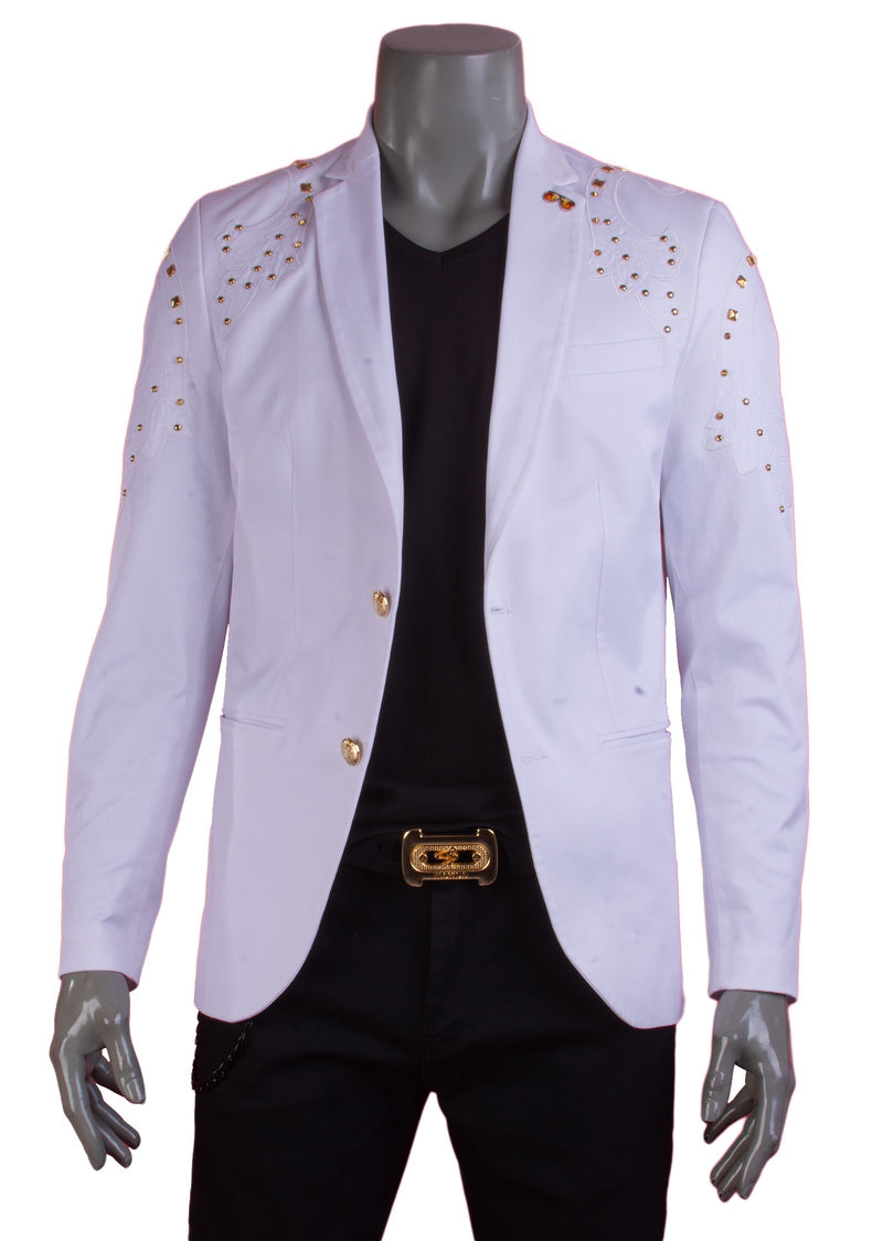 White Gold Studded Motif Blazer 4XL / White / COTTON/POLY White Gold Studded Motif Blazer 4XL / White / COTTON/POLY