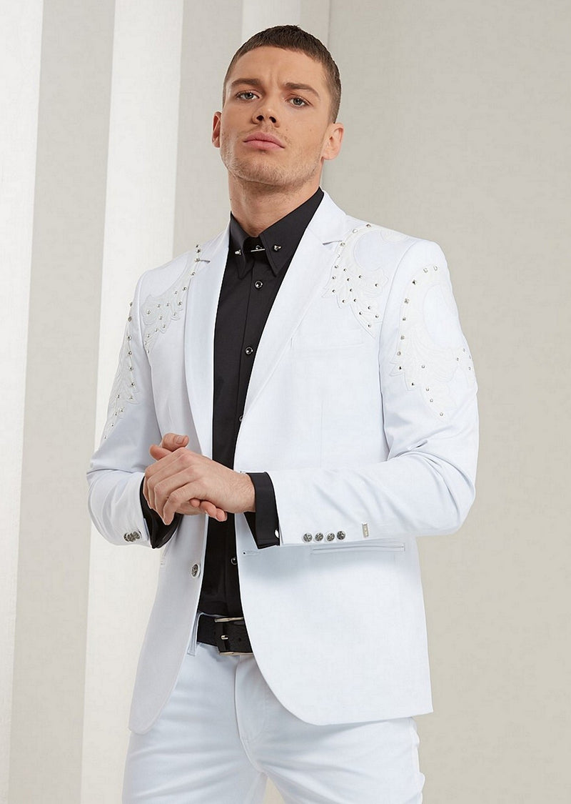 White Silver Studded Motif Blazer