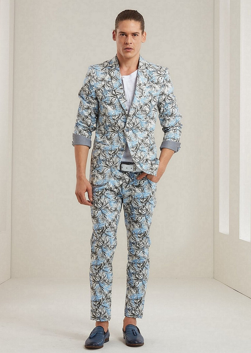 Blue Floral Slim-Fit 2-Pieces Suit