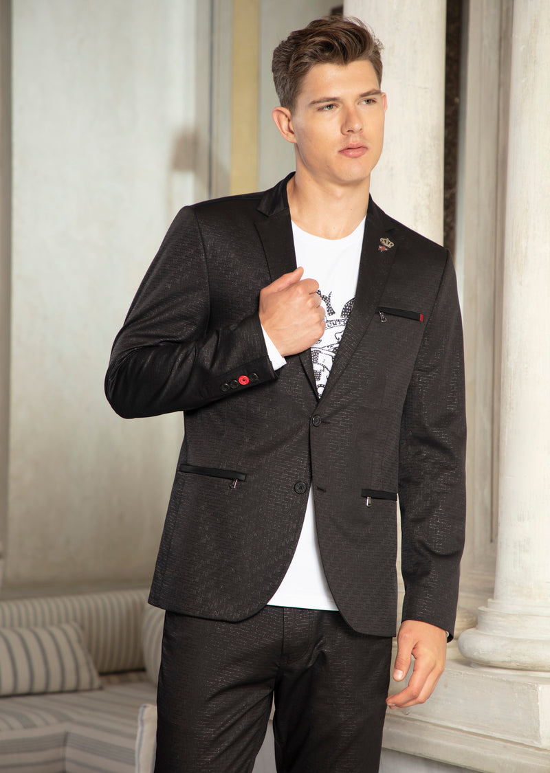 Black Micro Print Zipper Blazer