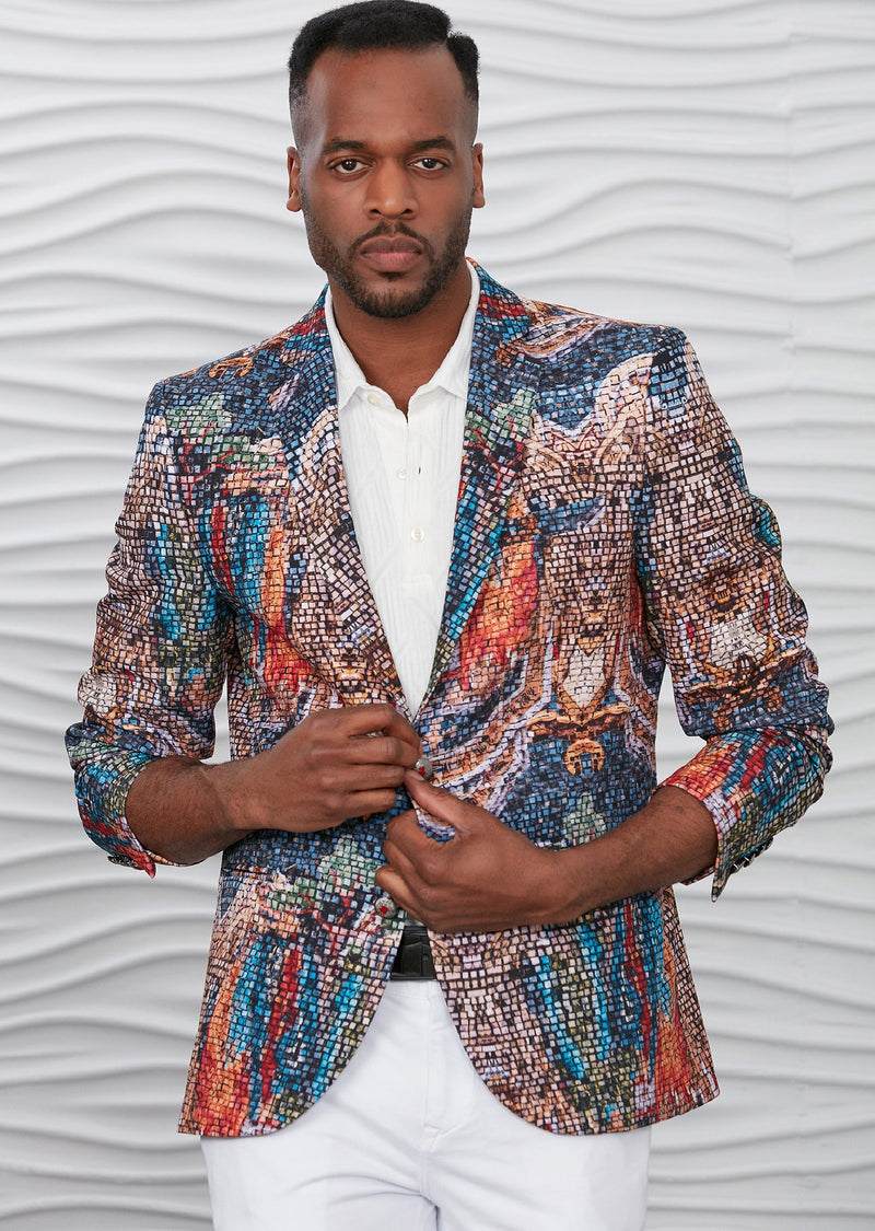 Navy Brown Mosaic Print Blazer