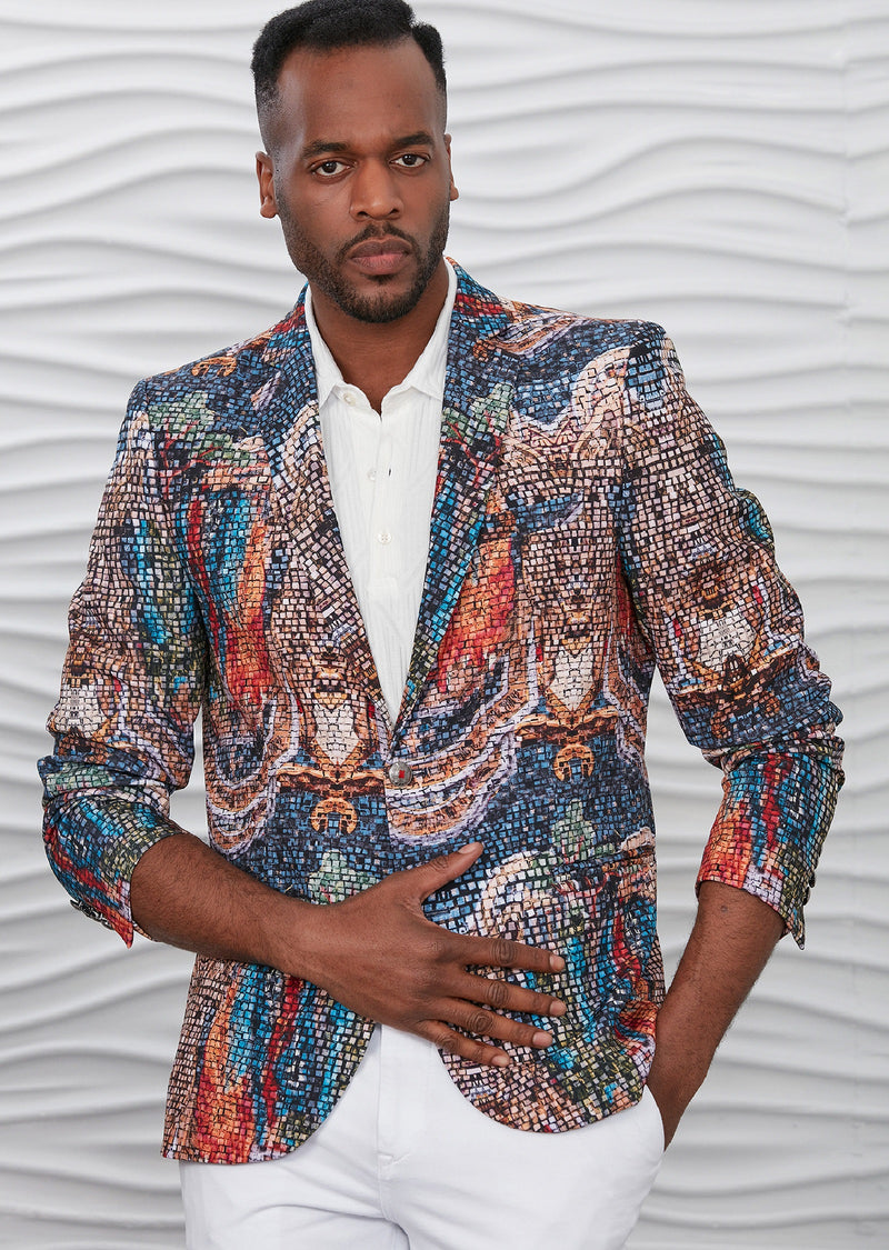 Navy Brown Mosaic Print Blazer