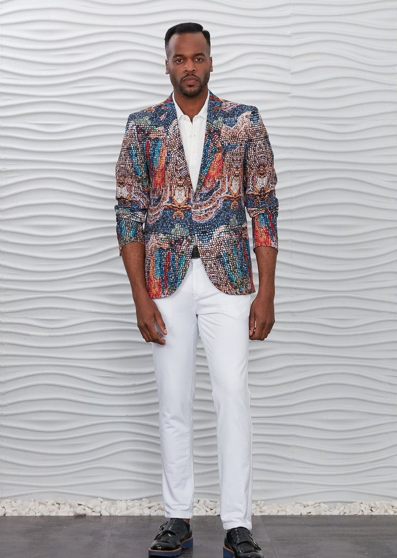 Navy Brown Mosaic Print Blazer