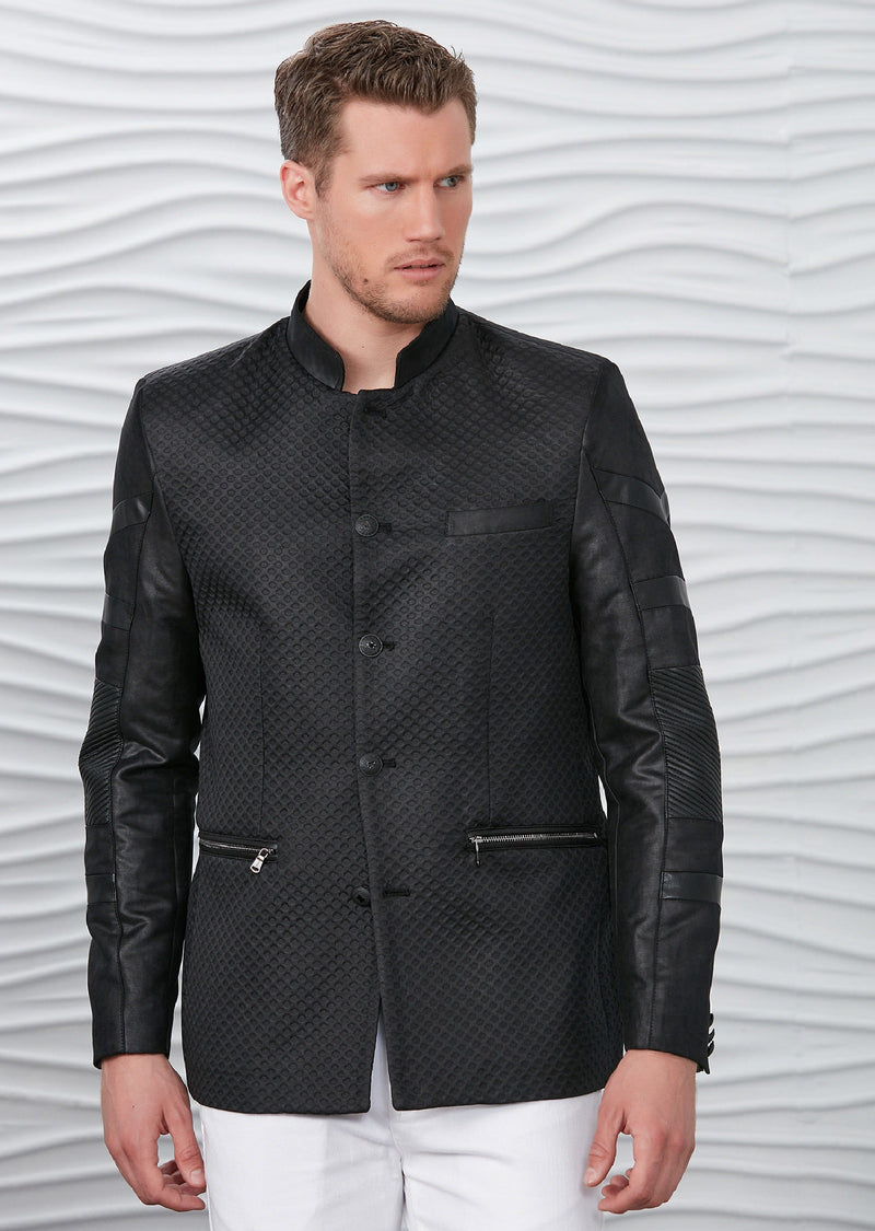 Black Mandarin Collar Zipper Blazer