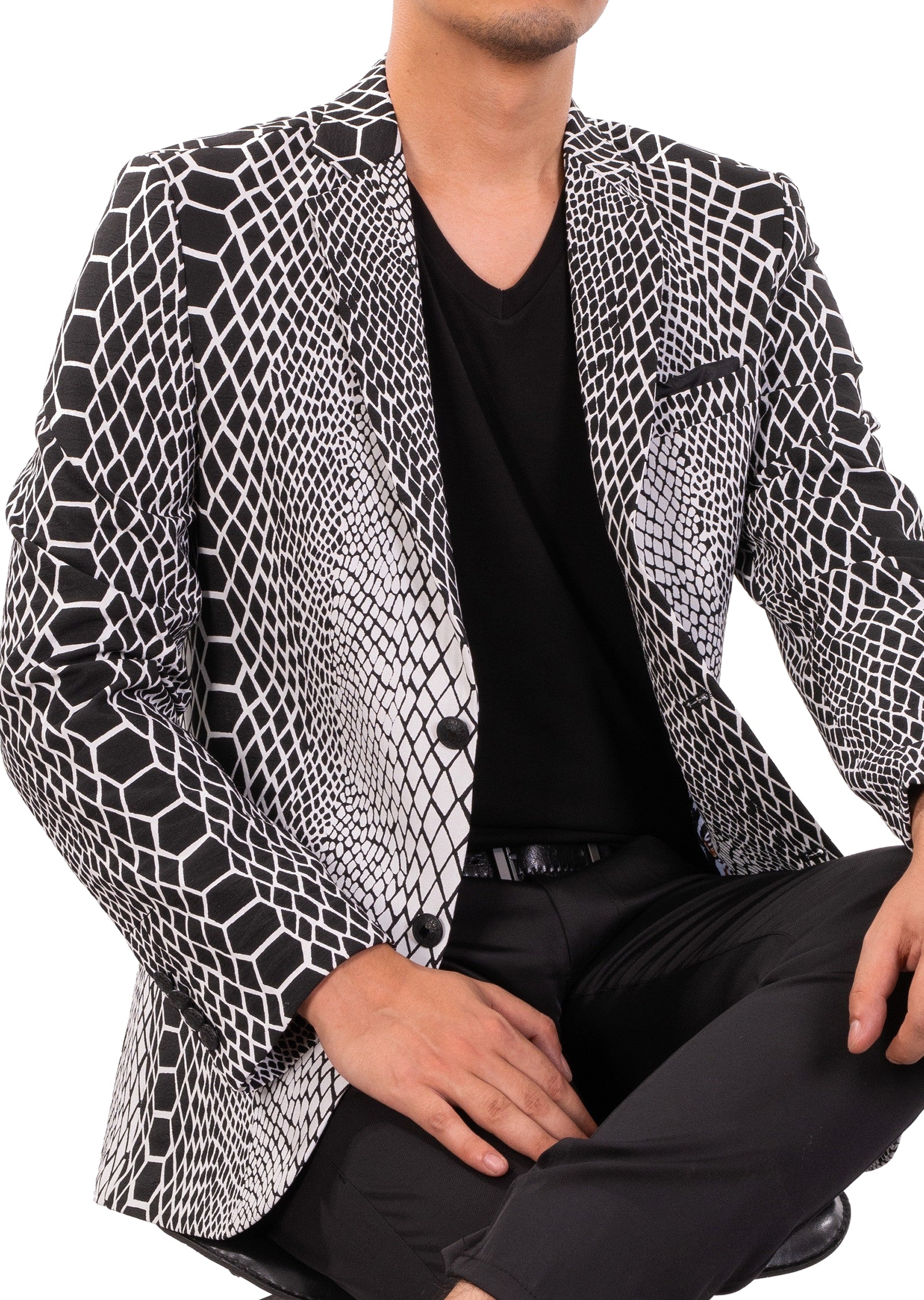Black Snake Skin Jacquard Blazer L Black Cotton