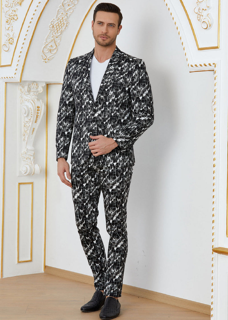 Black Houndstooth Print 2-Pieces Suit