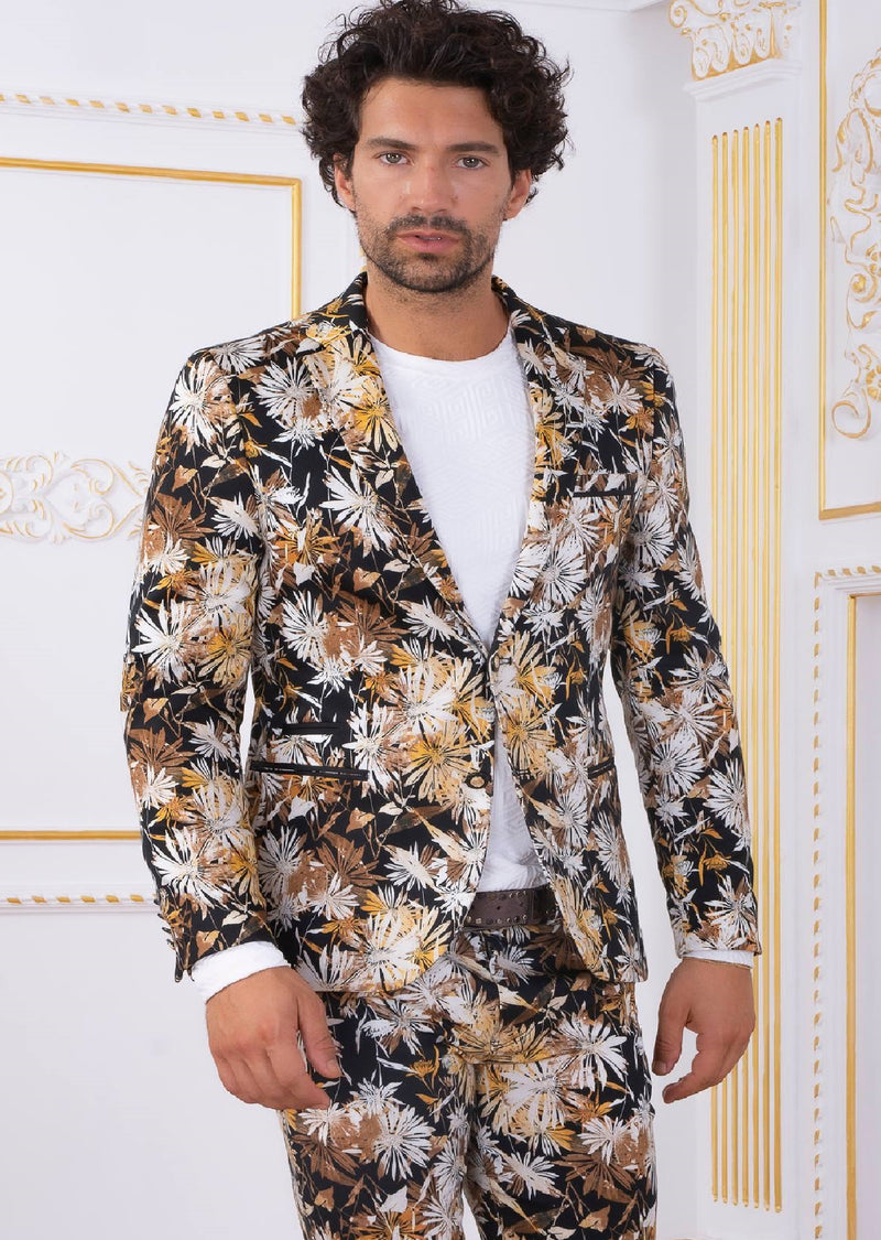 Brown Beige Floral Print 2-Pieces Suit