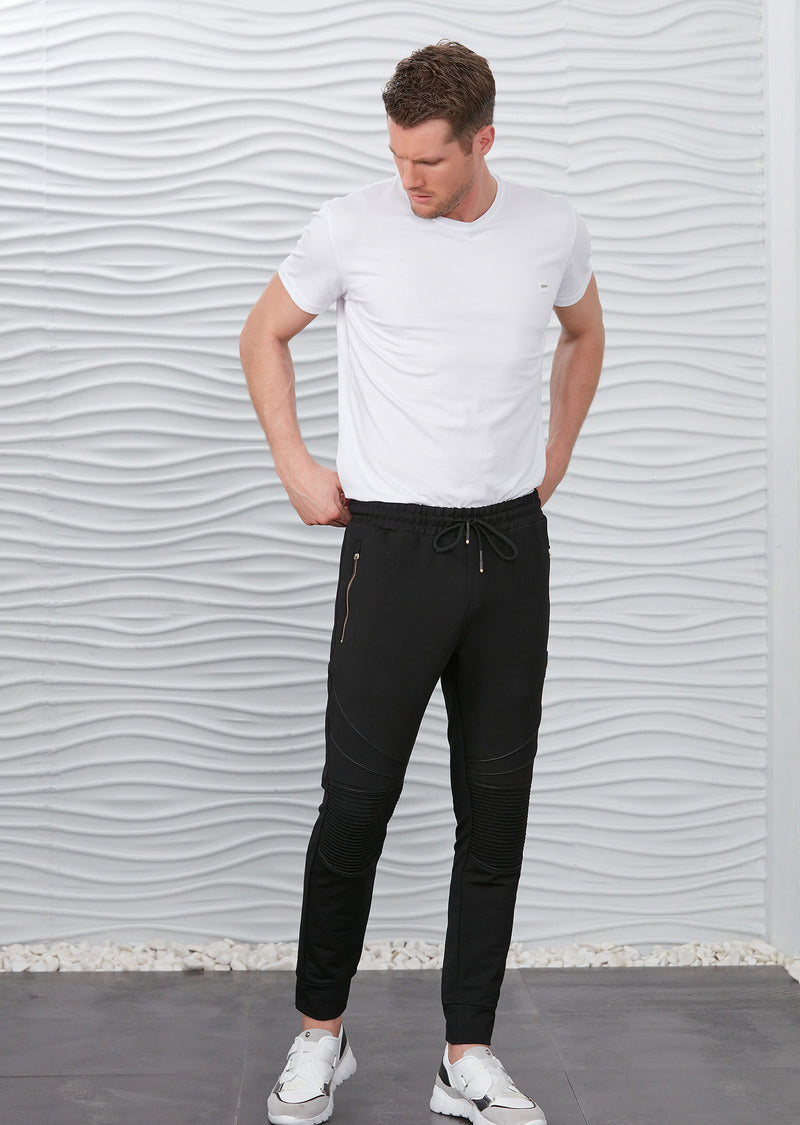 Black Luxe Ribbed Panel Jogger Pants
