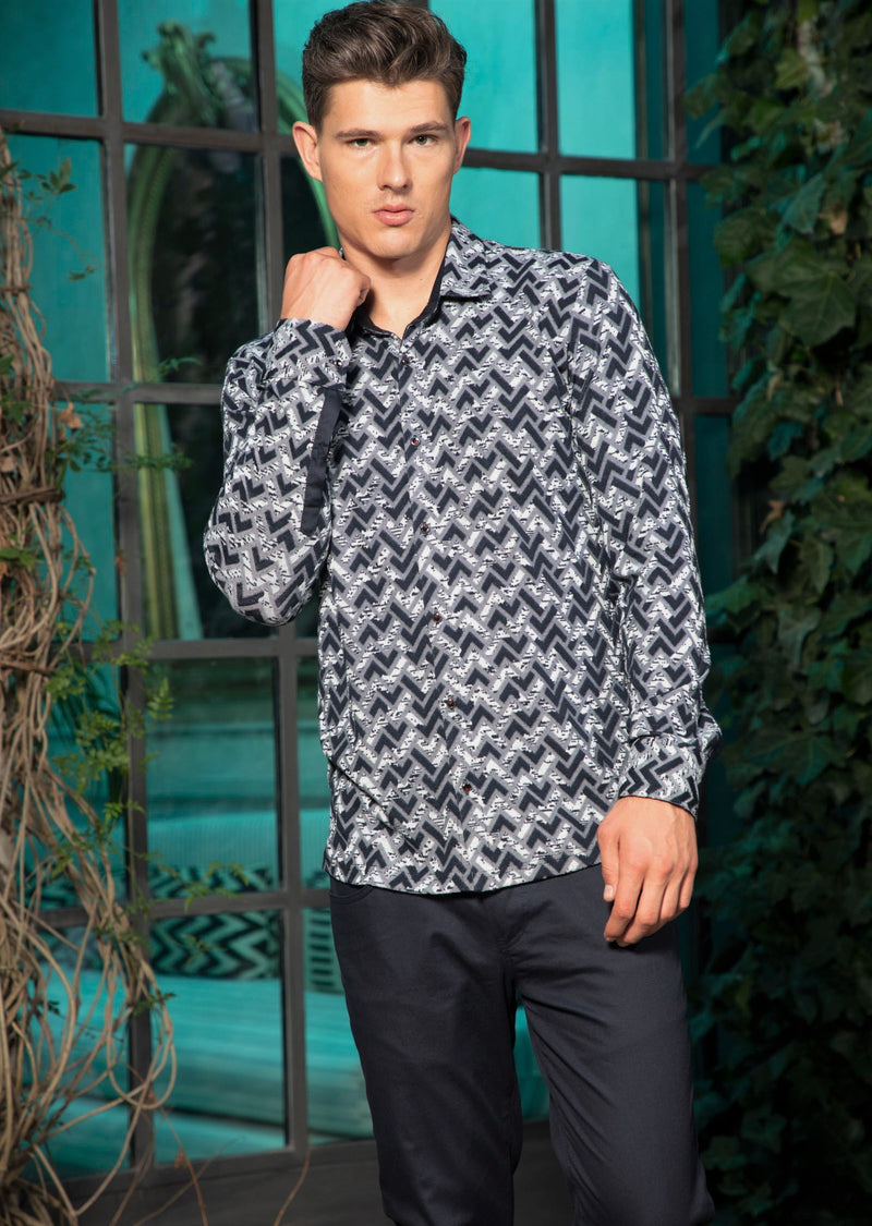 Navy Blue Triangle Print Knit Shirt