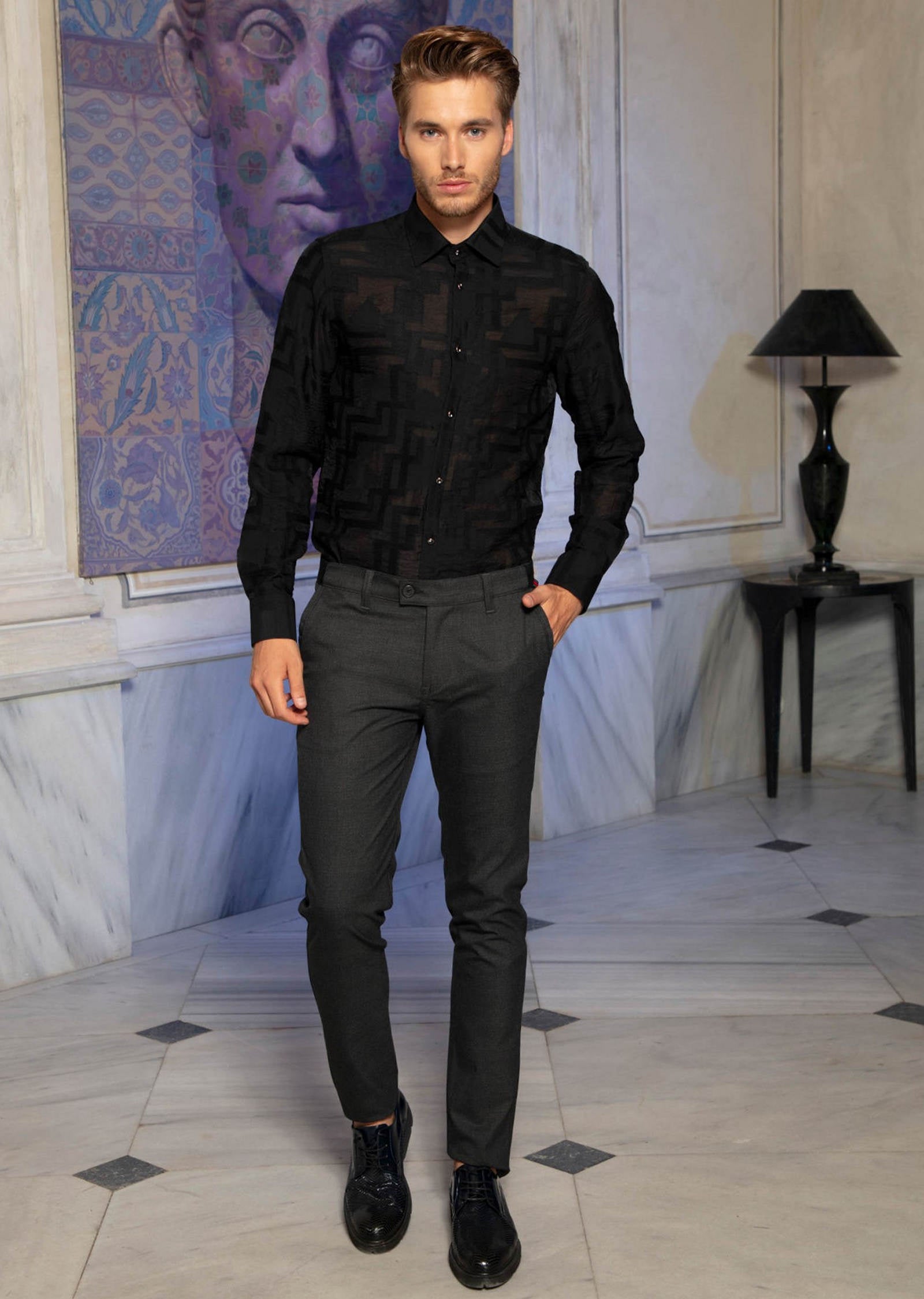 Black Semi-Sheer Long Sleeve Shirt 3XL / Black / COTTON