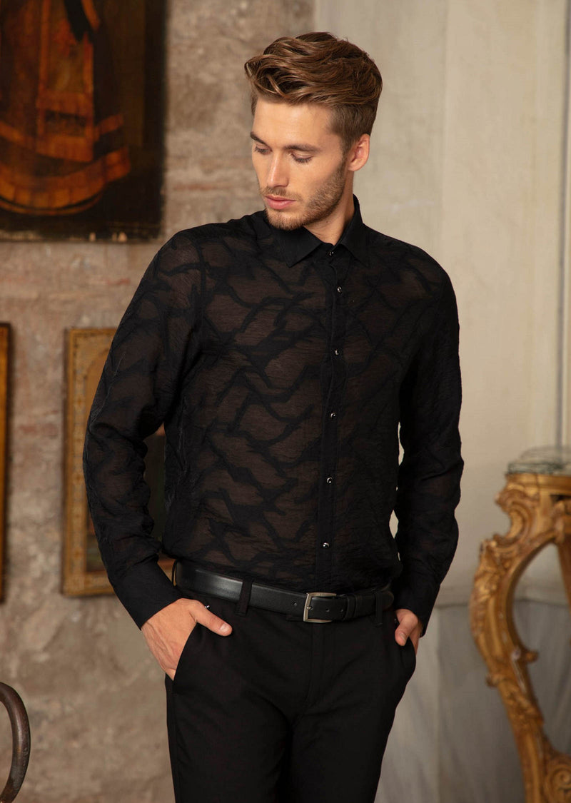 Black "Paris" Sheer Long Sleeve Shirt