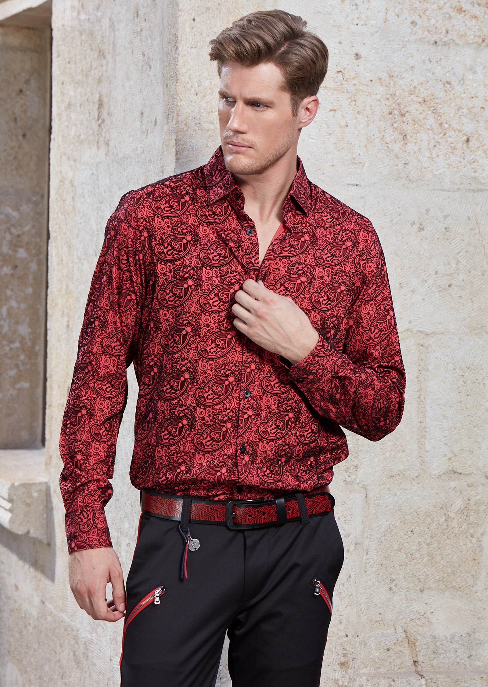 mens red paisley dress shirt Hisdern Men's Red Paisley Splicing Dress Shirt For Office Wear M