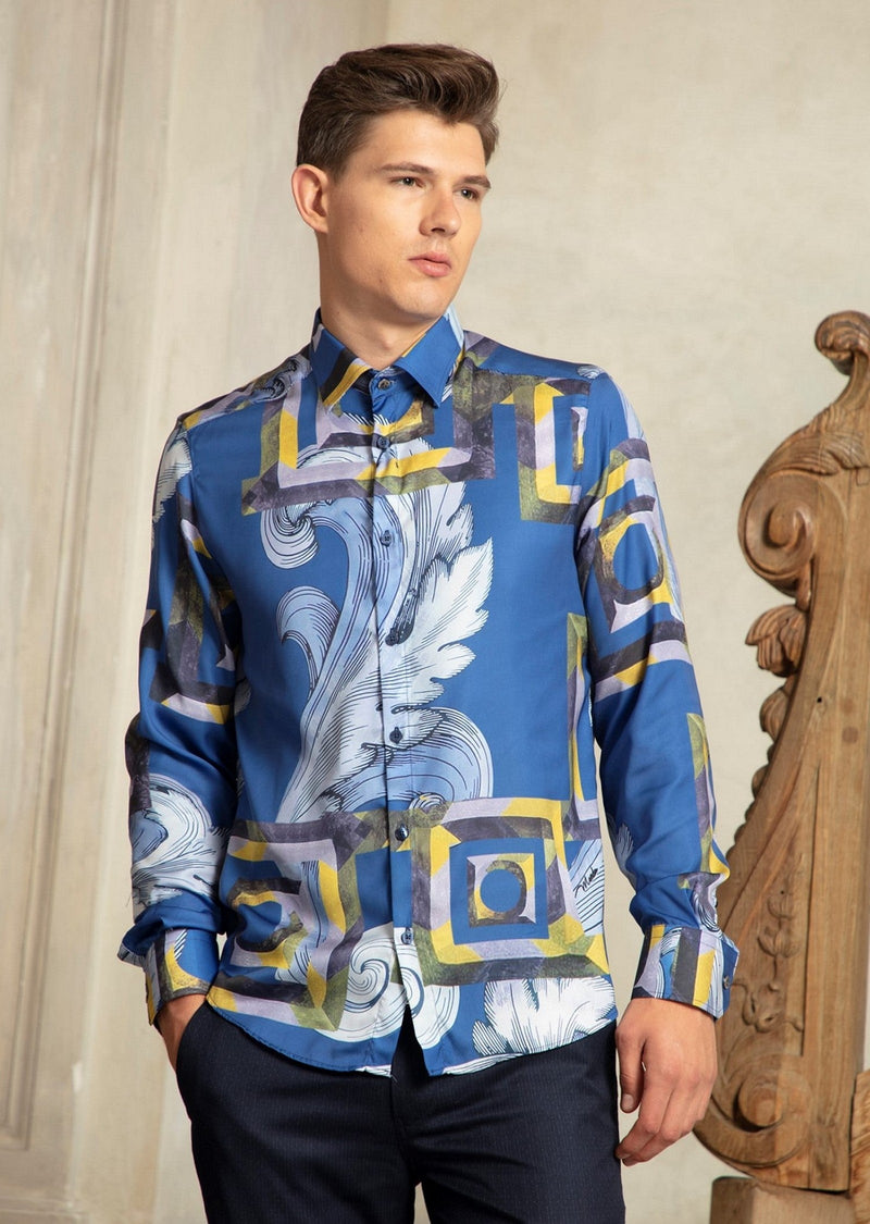 Blue Gold Silky Long Sleeve Shirt MONDO Menswear Blue Gold Silky Long Sleeve Shirt MONDO Menswear