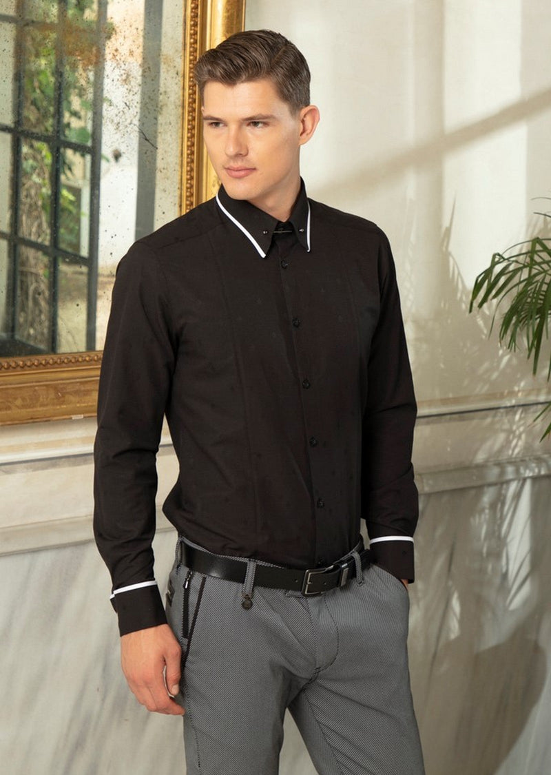 Black Contrast Metal Pin Collar Shirt