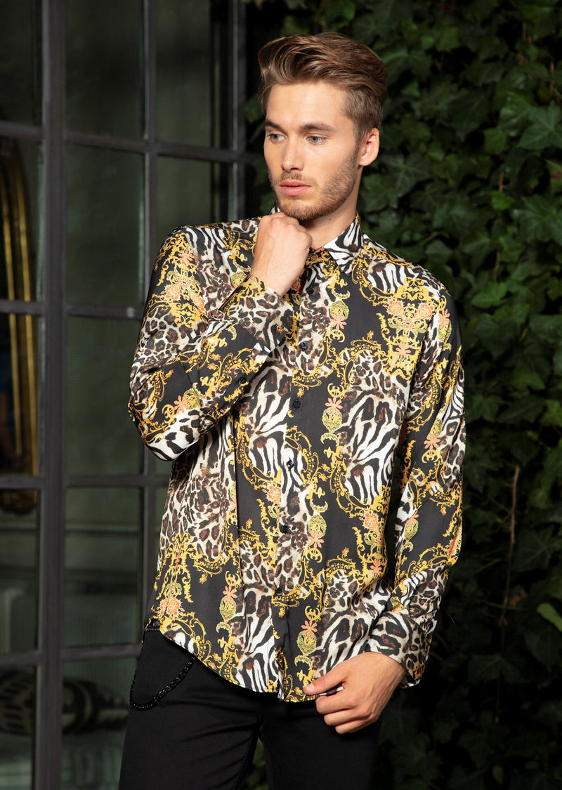 leopard print dress shirt Black Gold Leopard Silky Shirt XL / Black / COTTON