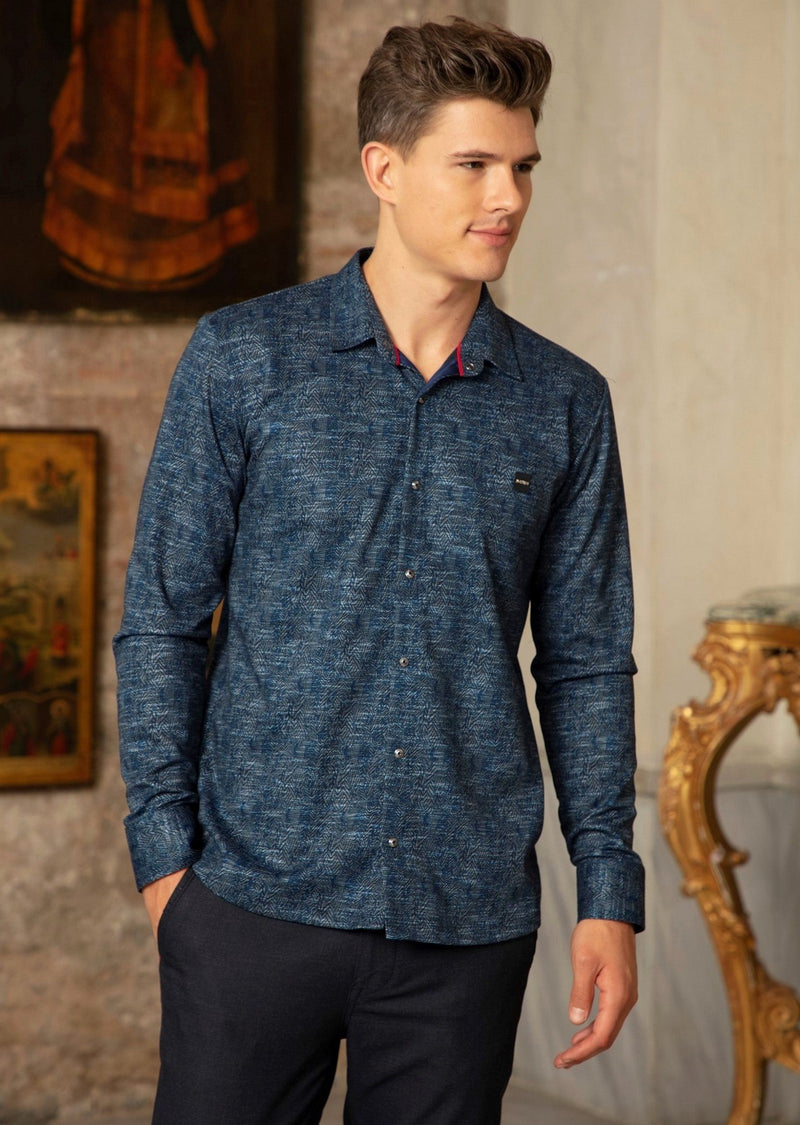 Navy Blue Herringbone Knit Shirt