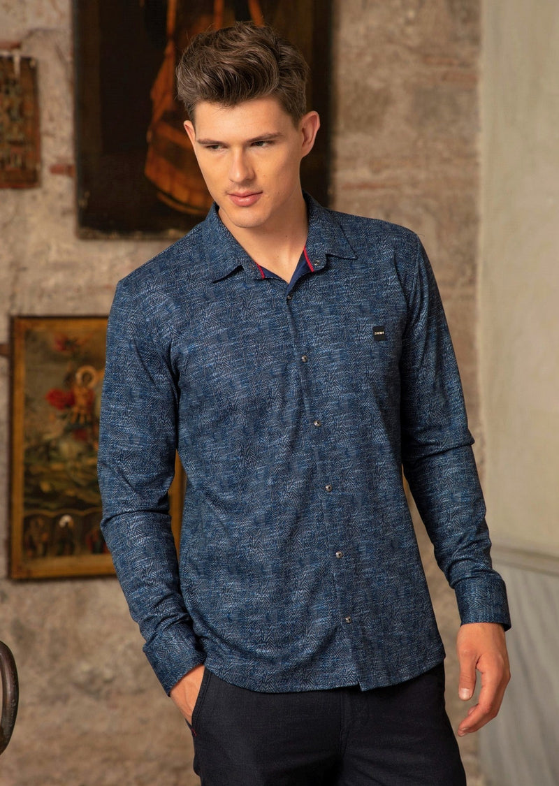 Navy Blue Herringbone Knit Shirt