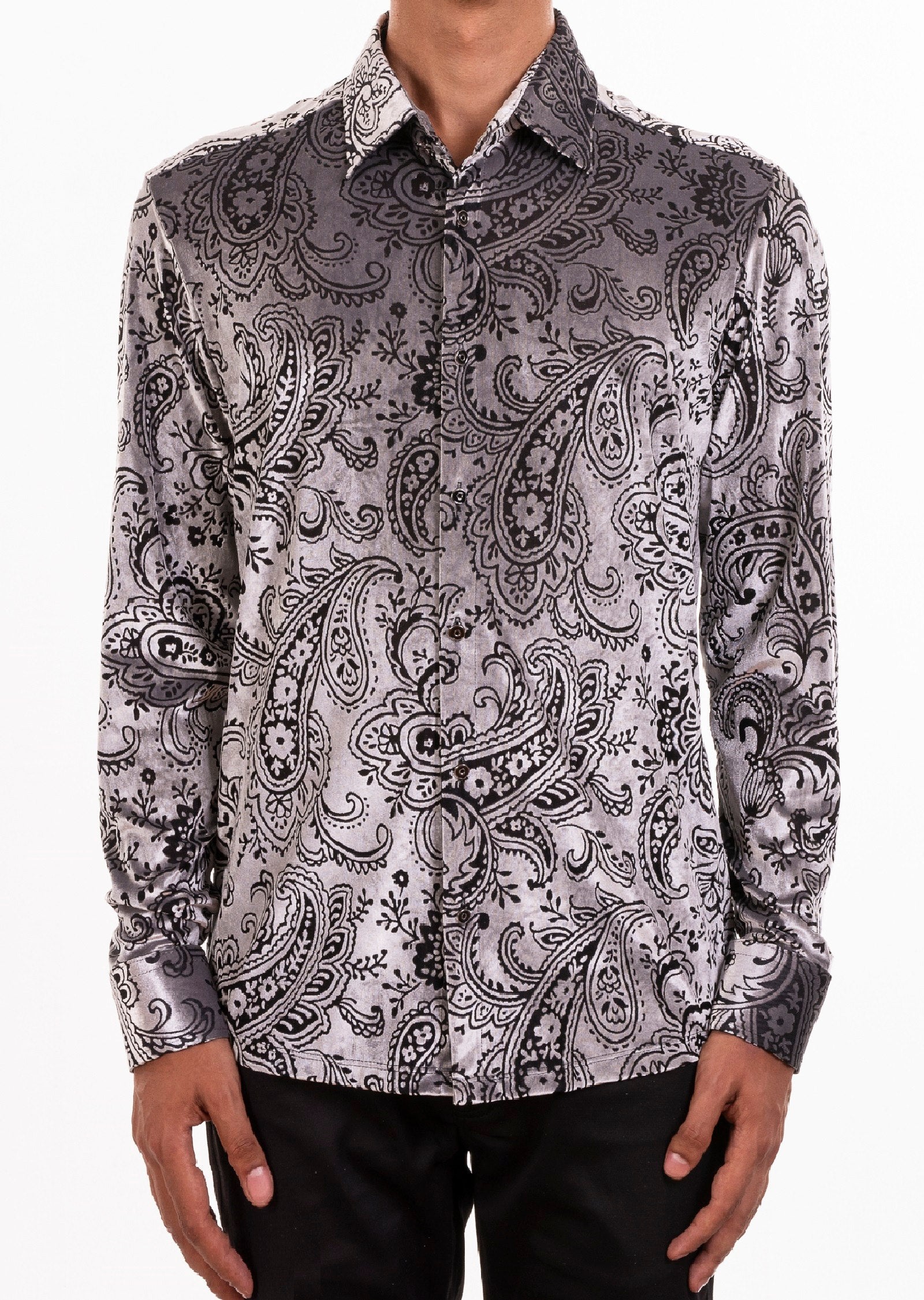 GRAY Sheen Paisley Velvet Shirt L / GRAY / Cotton/Poly/Lycra GRAY Sheen Paisley Velvet Shirt L / GRAY / Cotton/Poly/Lycra