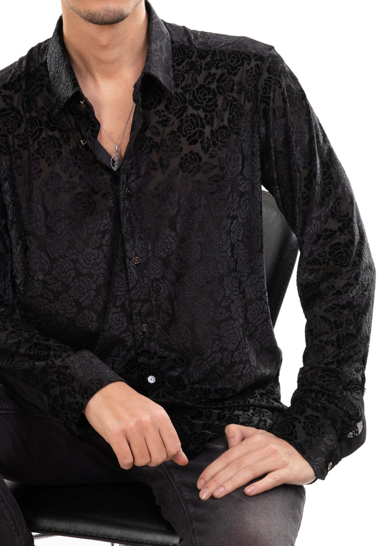 Black Floral Burnout Velvet Shirt