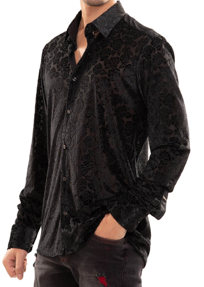 Black Floral Burnout Velvet Shirt