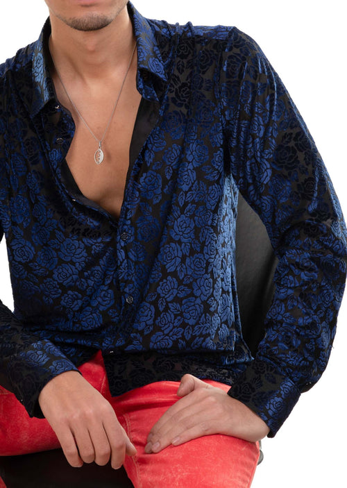 Blue Floral Burnout Velvet Shirt