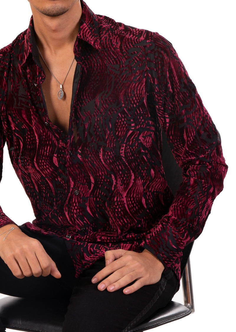 Burgundy Wave Crush Velvet Shirt XXL / Burgundy / Cotton/Poly/Lycra Burgundy Wave Crush Velvet Shirt XXL / Burgundy / Cotton/Poly/Lycra