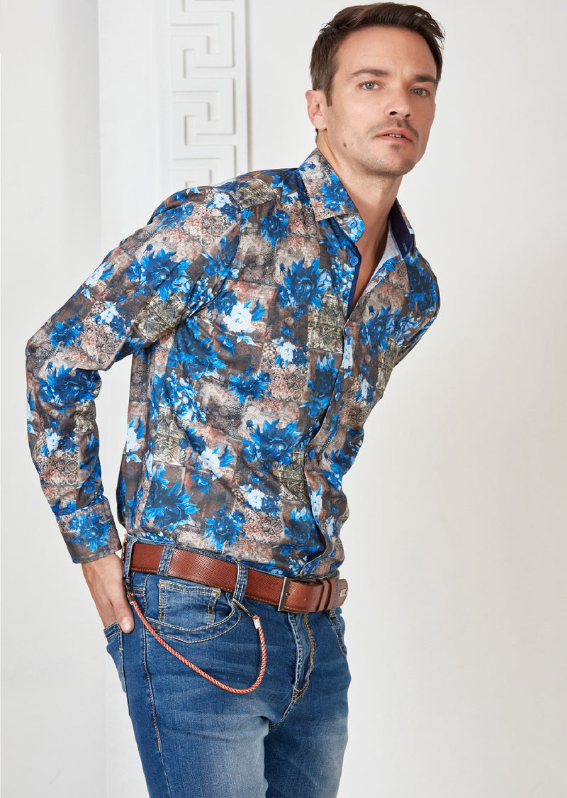 Navy Brown Floral Print Shirt