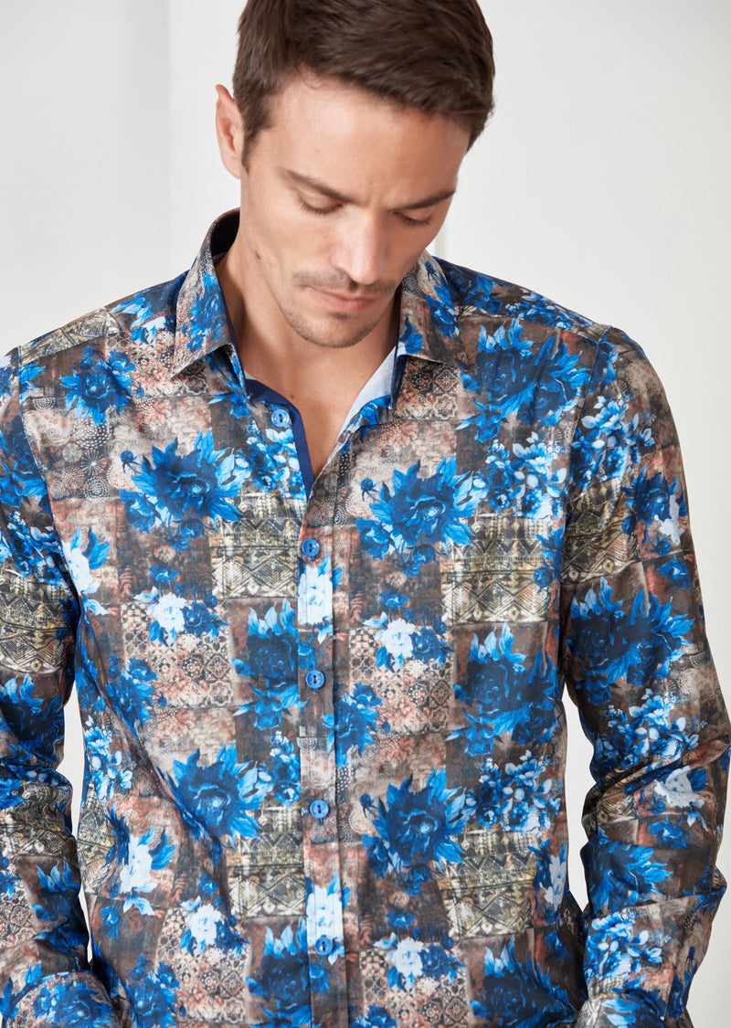 Navy Brown Floral Print Shirt