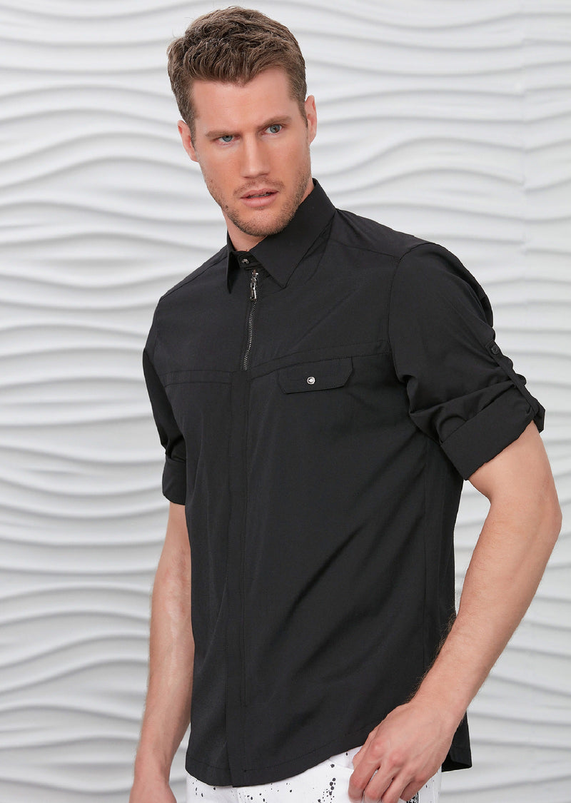 Black "Upwest" Half Placket Zipper Shirt