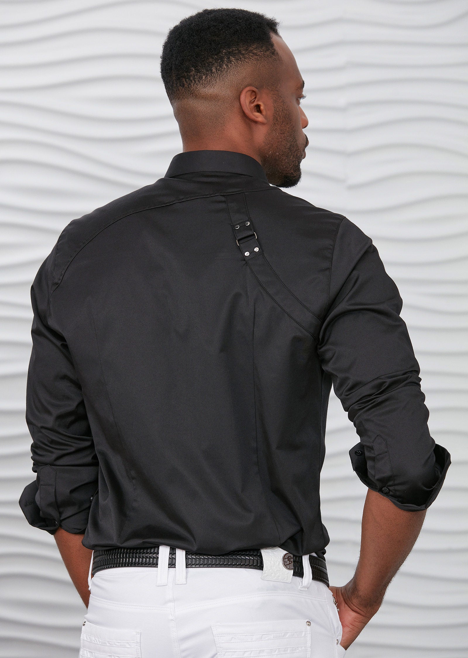 buckle dress shirts Black "Buckle" Short Sleeve Shirt MONDO Menswear The Buckle Black Textured Standard Shirt features a refined cotton construction with a distinct woven texture Black Harness Buckle Shirt XXL