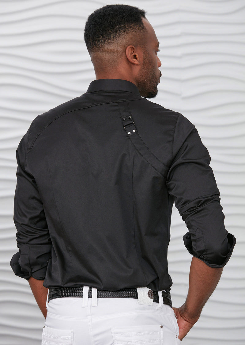 Black Buckle Detailed Long Sleeve Shirt 3XL / Black / COTTON Black Buckle Detailed Long Sleeve Shirt 3XL / Black / COTTON