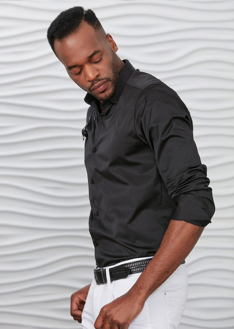 Black Buckle Detailed Long Sleeve Shirt 3XL / Black / COTTON Black Buckle Detailed Long Sleeve Shirt 3XL / Black / COTTON