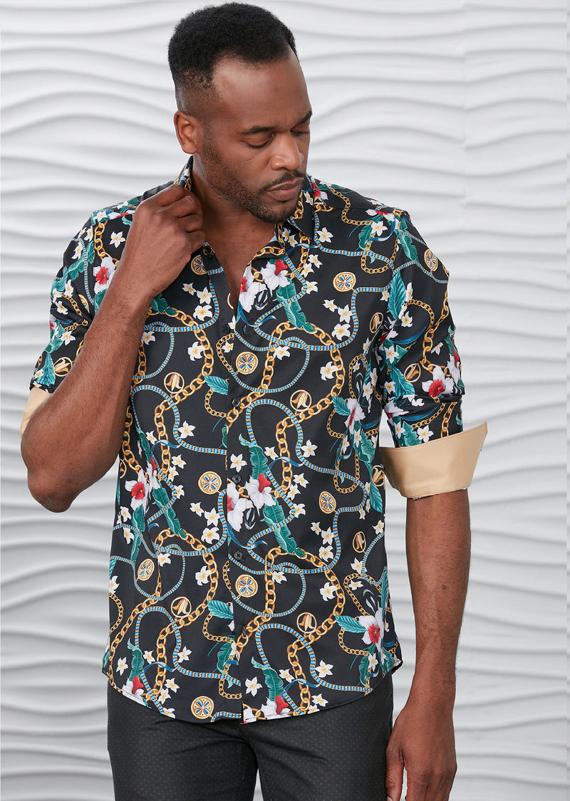 Black Green Floral Chain Silky Shirt Black Green Floral Chain Silky Shirt