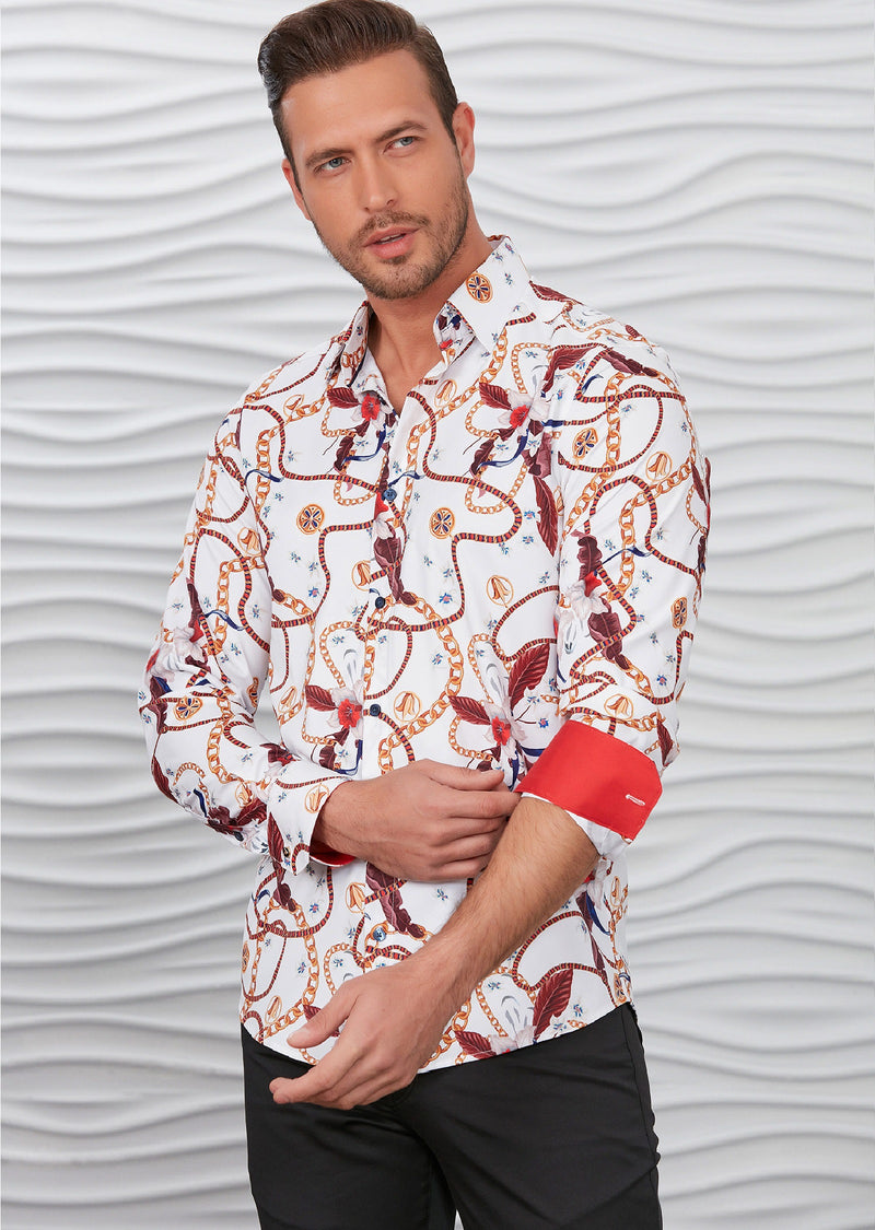 White Red Floral Chain Silky Shirt