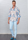 White Blue Floral Chain Silky Shirt