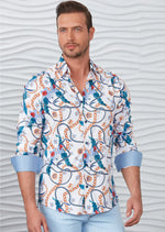 White Blue Floral Chain Silky Shirt