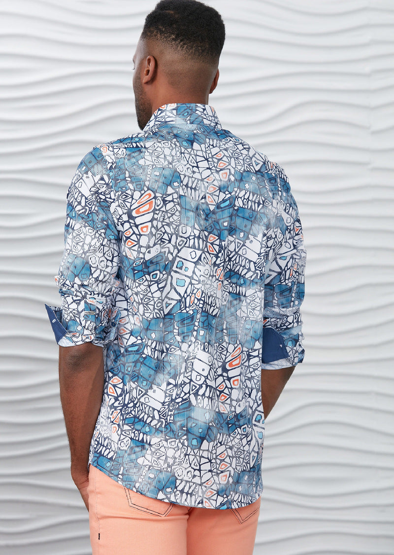 Blue White Mosaic Silky Shirt