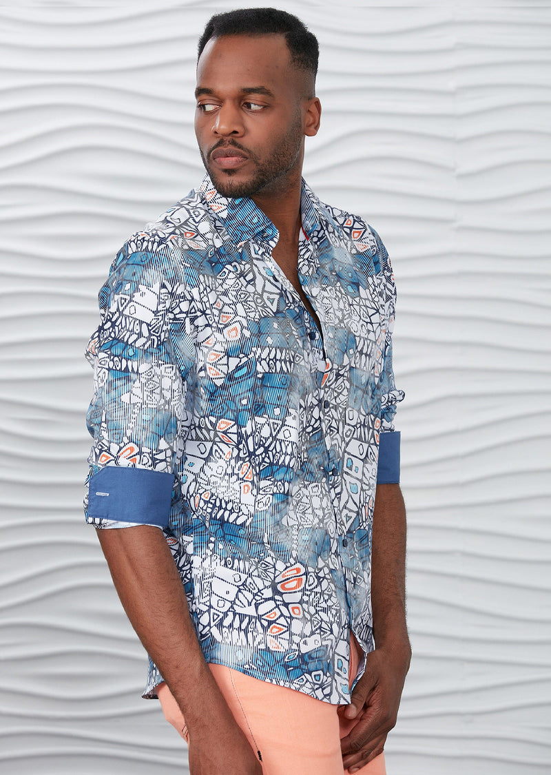 Blue White Mosaic Silky Shirt