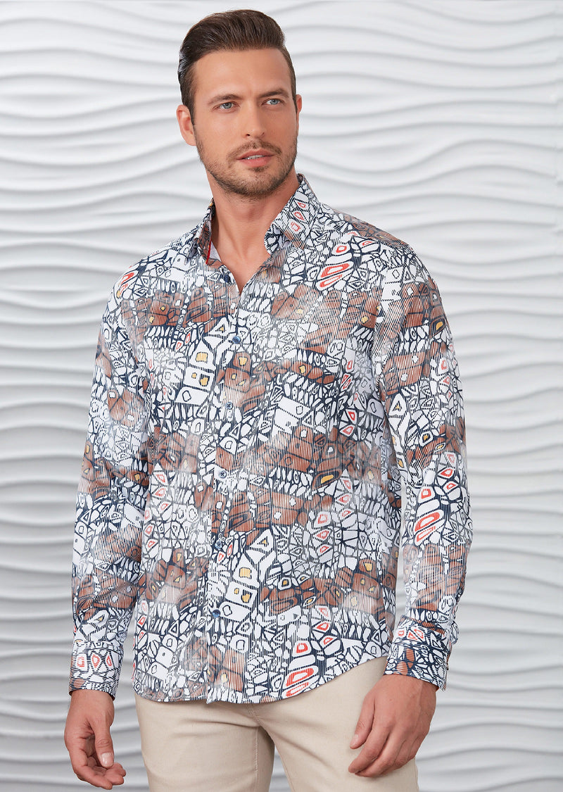 Brown White Mosaic Silky Shirt