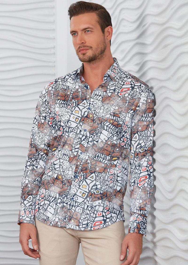 Brown White Mosaic Silky Shirt