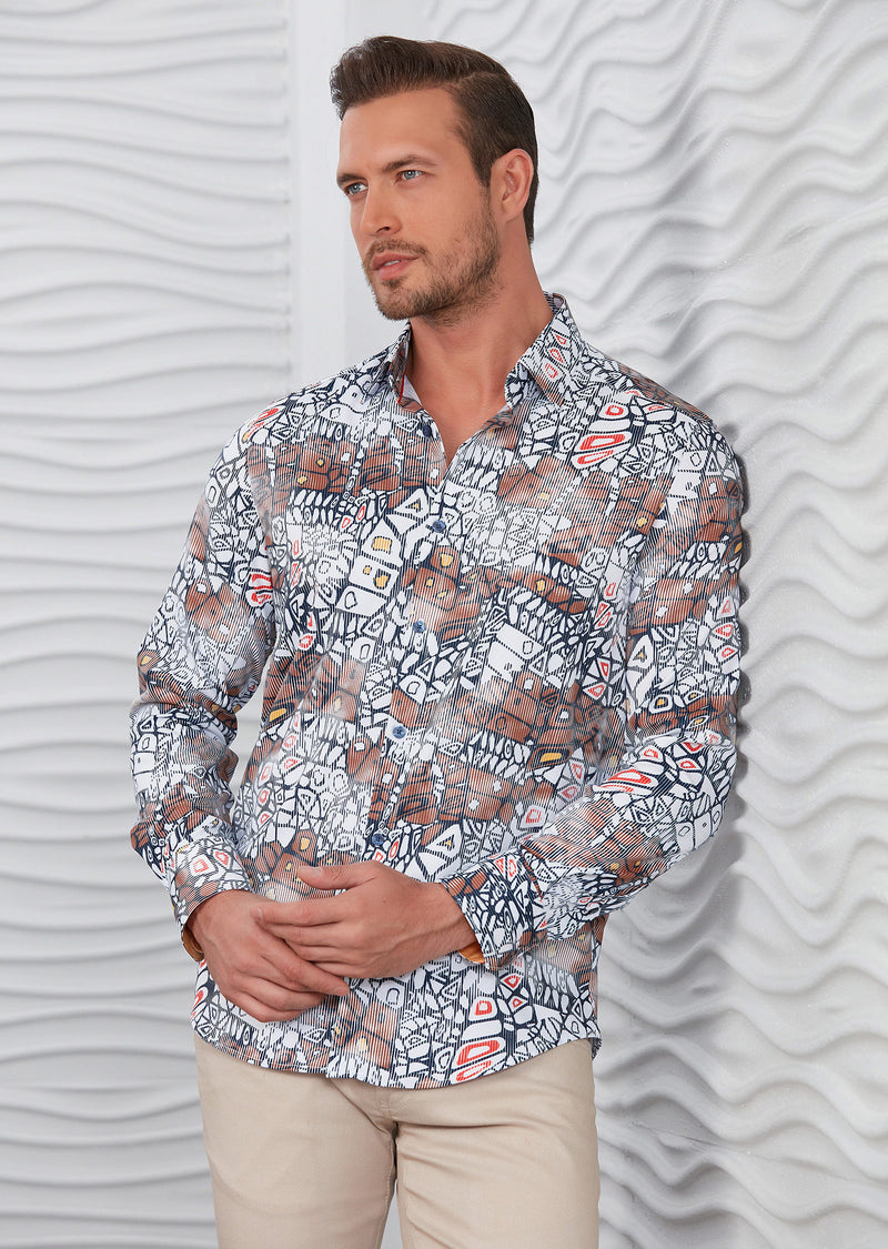 Brown White Mosaic Silky Shirt