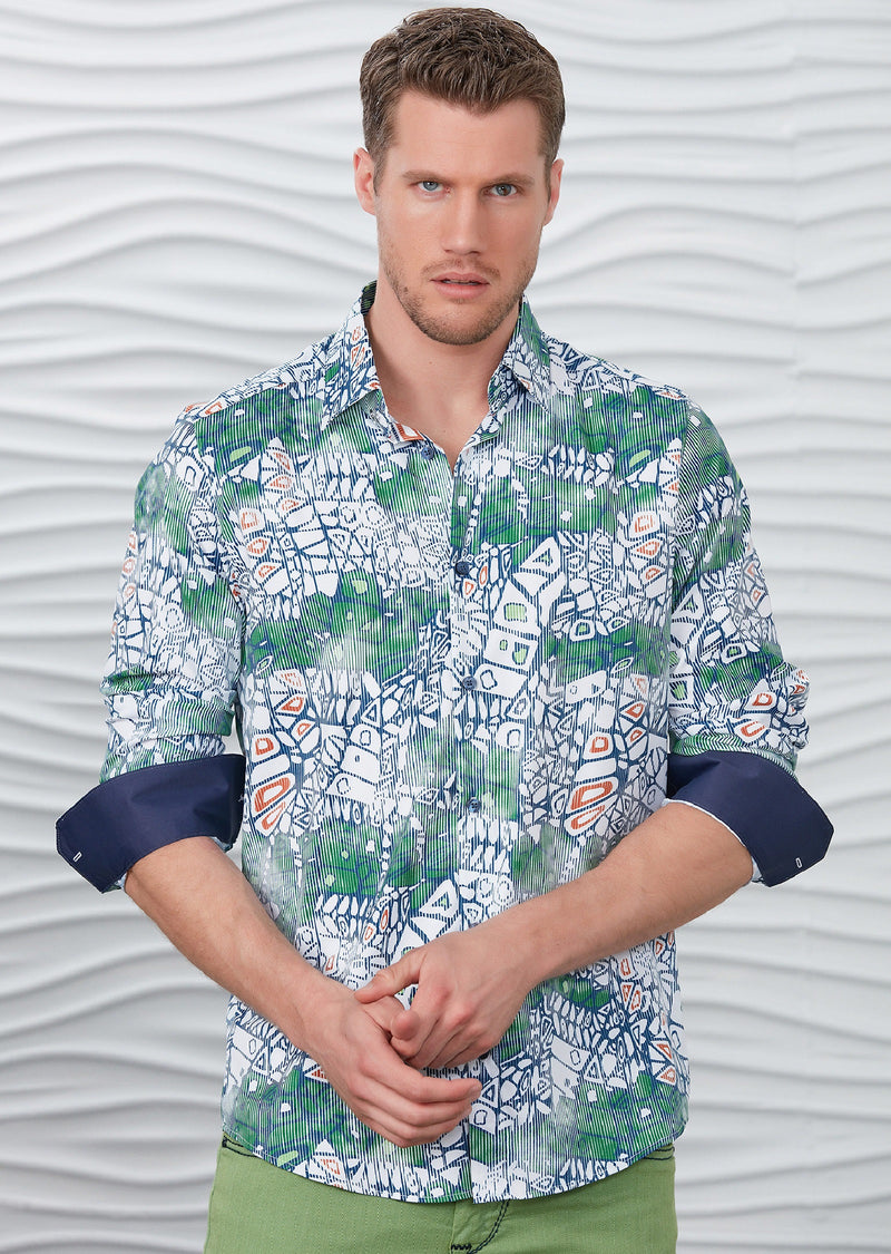 Green White Mosaic Silky Shirt