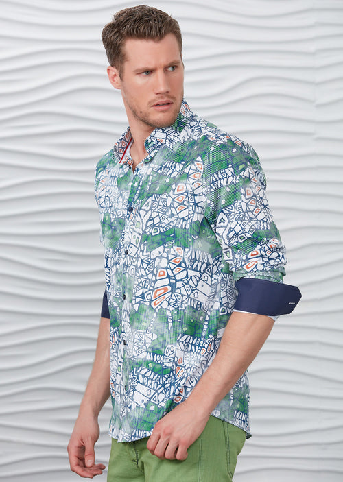 Green White Mosaic Silky Shirt